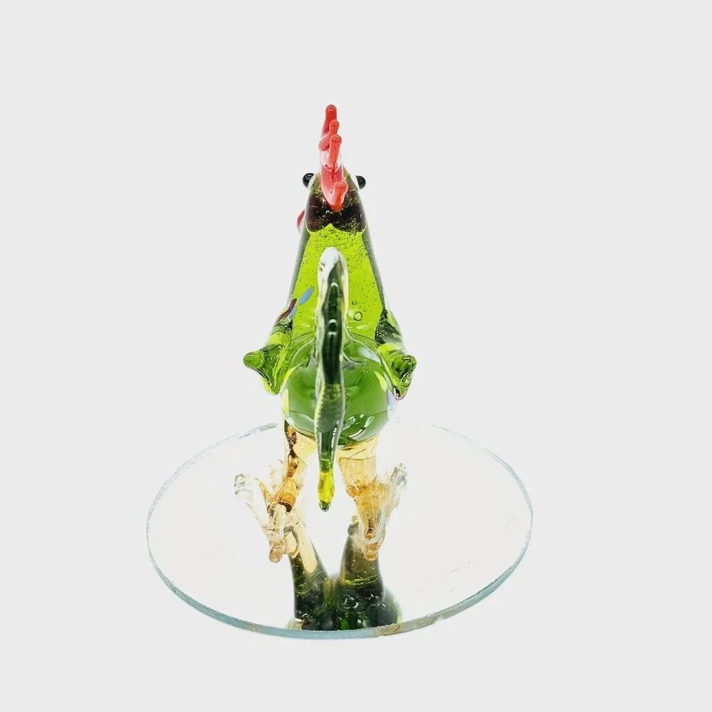 Vintage Hand Blown Art Glass Green Pulled Feather Rooster Chicken Figurine Farm